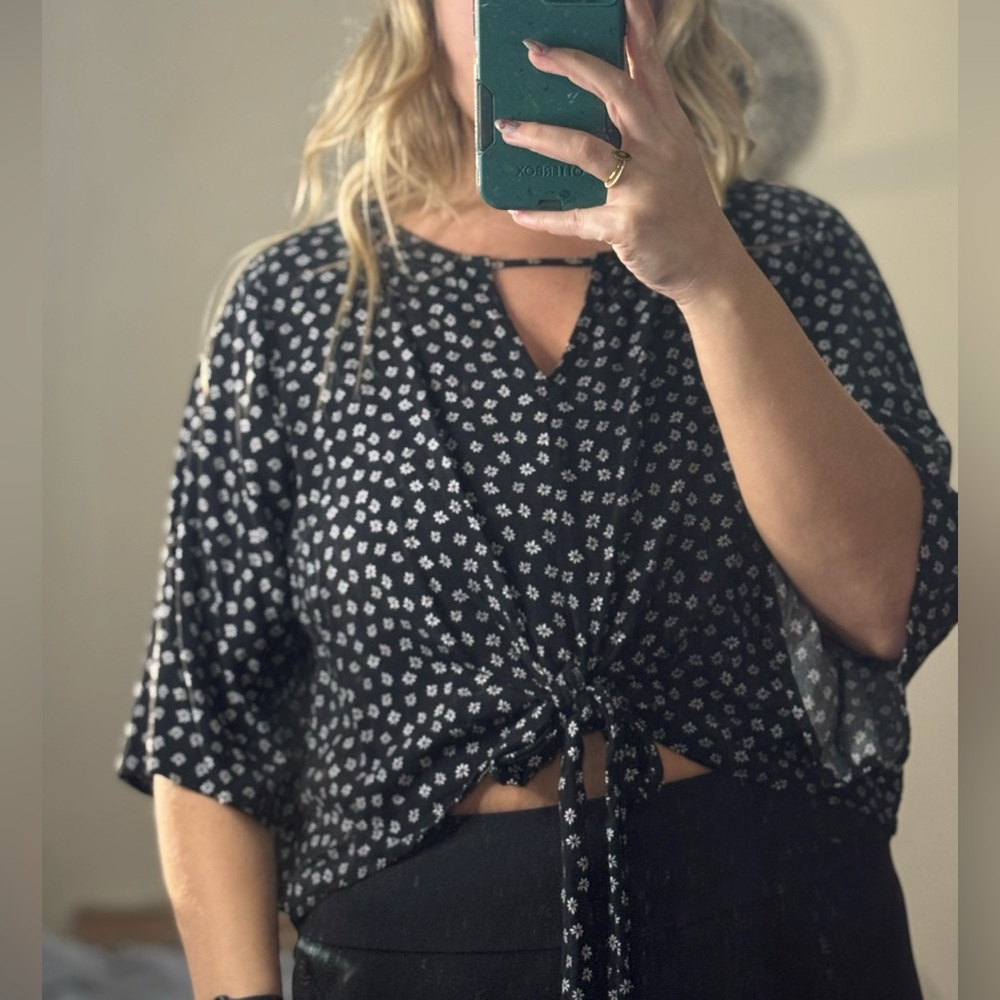 Tie-Front Black Floral Blouse - Women's
